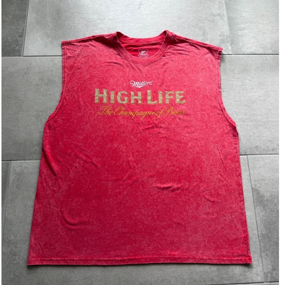 Miller High Life Men Red Mineral Wash Sleeveless Graphic T-Shirt Large Beer Tank